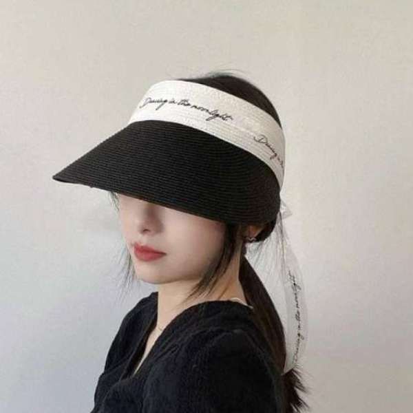 [애슬릿]라피아 썬캡 모자 레터링 밀짚 라탄 챙 넓은